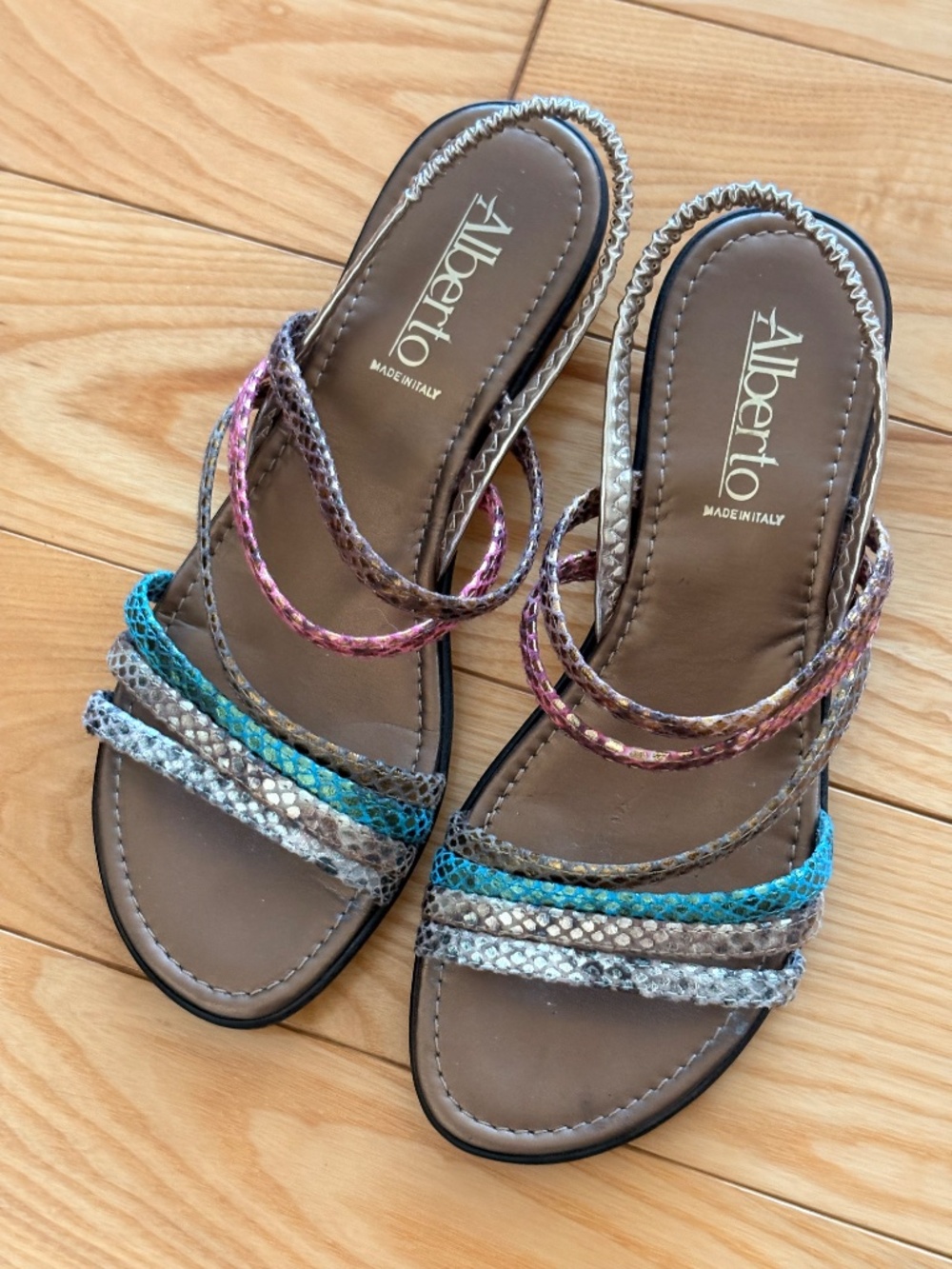 ALBERTO Made in Italy Multi Color Snakeskin Strappy Slingback Wedge Sandals, 38